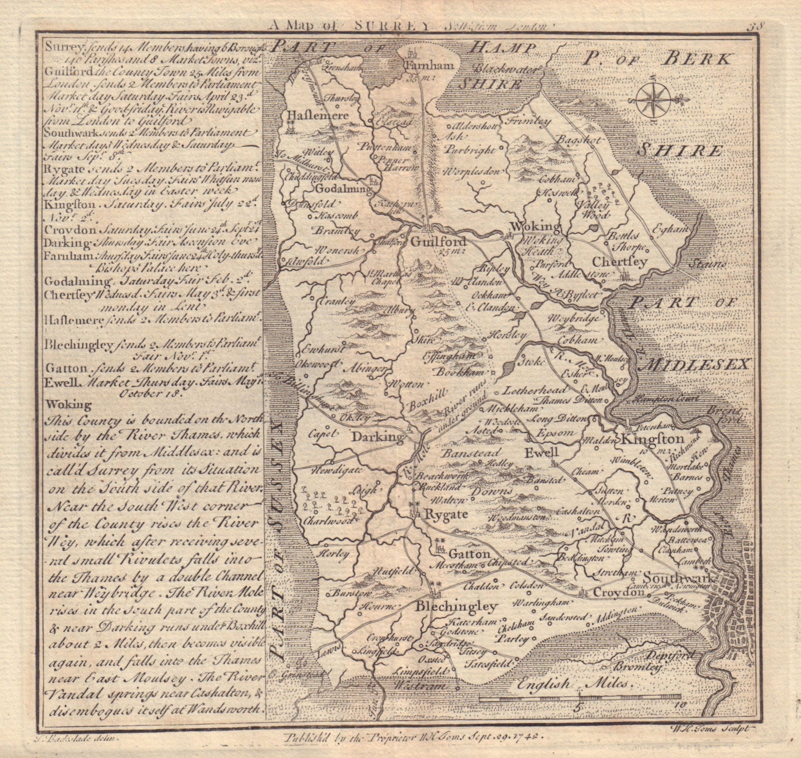 Antique county map of Surrey by Badeslade & Toms. West orientation 1742